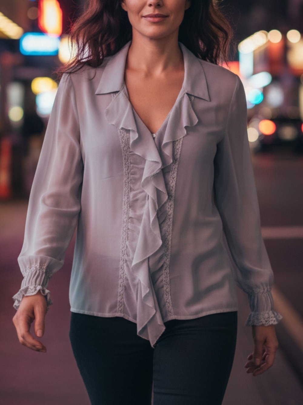 100% Silk Max Studio Ruffled V-Neck Blouse